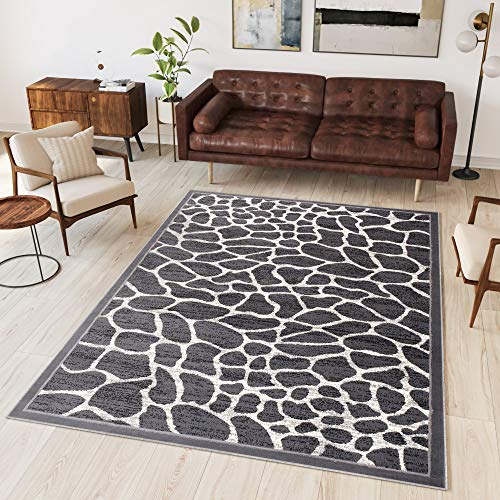 TAPISO Dream Teppich Kurzflor Grau Creme Modern Meliert Afrika Giraffe Tiermotiv Muster Designer Wohnzimmer Schlafzimmer ÖKOTEX 300 x 400 cm