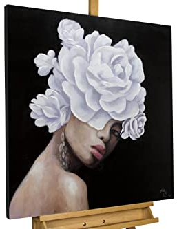 KunstLoft Leinwandbild | 100% HANDGEMALT | 80x80cm | Gemälde 'Königin der Rosen' | Frau | Schwarz-Weiß Schwarz | Wandbild Wohnzimmer