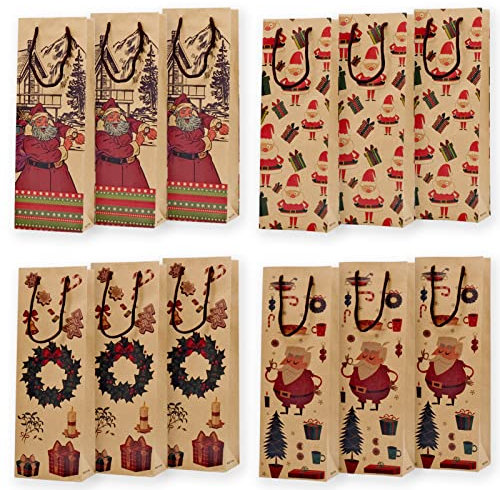 12 Stück Weihnachts Flaschen Tasche Geschenktüten Flaschen Weihnachten Kraft Papier Flaschentaschen Geschenktüten für Wein Wiederverwendbare mit Griff