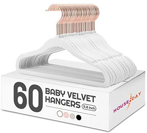 HOUSE DAY Samt-Baby-Kleiderbügel für Schrank, Kinder-Kleiderbügel, Samt, 60 Stück, rutschfest, 30 cm, langlebig, Kinder-Kleiderbügel für Neugeborene, Babykleidung, Weiß