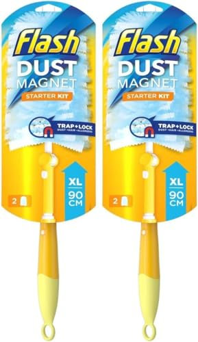 MettaWorld Flash Dust Magnet XL (Handle Extendable to 90cm), Duster Starter Kit (Includes: 1 x Handle and 2 x Refills), 2Pk