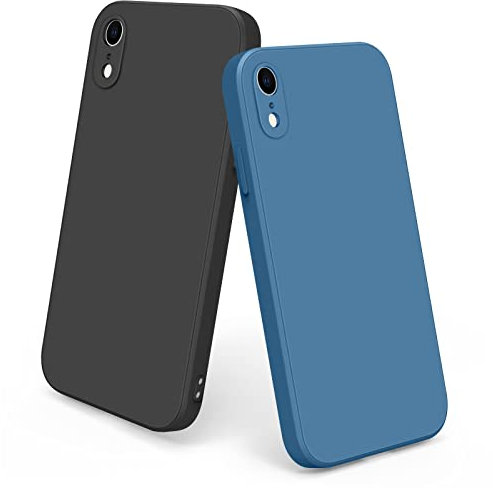 2 Pièces Coque Compatible avec iPhone XR, Étui en Silicone avec Doublure en Microfibre Souple, Conception Spéciale de Bord Droit, 6.5, Noir/Bleu Marine