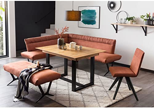expendio Tischgruppe Esstisch Gunar 1XL 130(180) x90 cm Eiche rustikal massiv + 2X Bank Gelia 2 + 1x Stuhl Gelia Bezug Kombi Picante, kurzer Schenkel bei Eckbank:Links