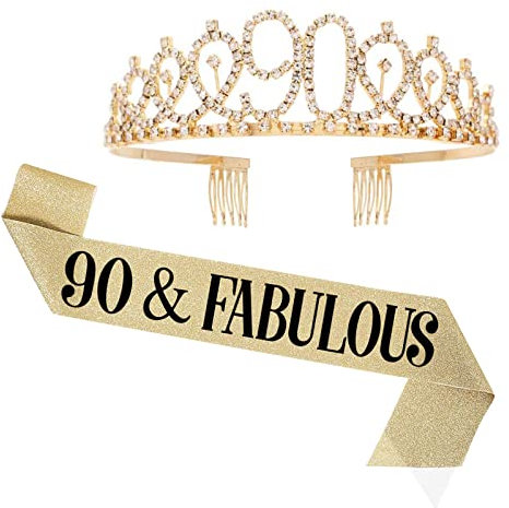 Schärpe und Diadem zum 90. Geburtstag für Frauen, 90 & fabelhafte Schärpe und Tiara Geburtstagskrone, Happy 90th Birthday Geschenke für Königin, Frau, Partyzubehör, Zubehör und Dekorationen, Gold