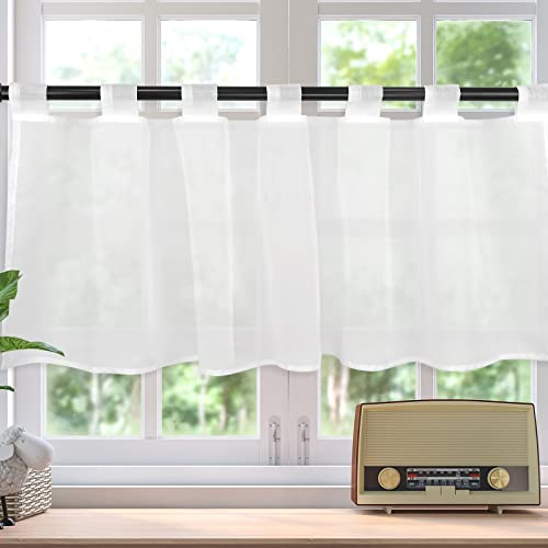 TW1TGOFT Scheibengardine, Weiß Voile Bistrogardine mit Schlaufen Transparente Kurzstore Kurzvorhang Küchen Vorhang Kurzgardine Gardine Stores HxB 60x90cm