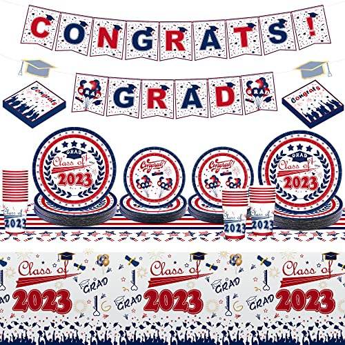 MDDRUIQI Graduation Party Plates and Napkins 2023 Graduation Party Supplies Red White and Blue Disposable Paper Plates Napkins Cups Tablecloth Banner for Congrats Grad Party Decorations, Serve 24
