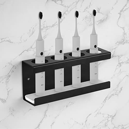 Adorila Electric Toothbrush Holder Wall Mount, 4 Slot Metal Stand, Black | Fits Handles Under 3.5 cm Diameter, Steel Frame with Absorbent Diatomite Tray, Self-Adhesive Pad or Wall Plug Screw