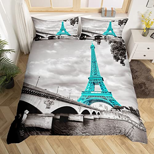 Ensemble de literie Tour Eiffel 220x240cm filles mode Teal Paris thème housse de couette enfants adolescents femmes décoration paris paysage urbain imprimé lit set microfibre style français moderne