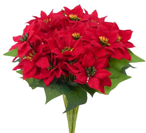 YUAENFI 4 PCS Künstliche Weihnachtsstern Blumenstrauß Rot Kunstblumen Weihnachten Deko Seide Blumen für Zuhause Vase Tisch Innen- und Außenbereich Weihnachtsdeko