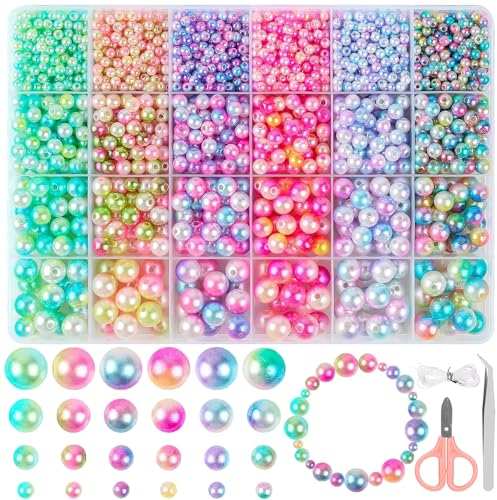 LEAZZLE 1890 Stück Bunte Perlen zum Auffädeln,Perlen zum Basteln mit Loch Jewelry Making Kit Pearls für Armbänder Halskette Schmuckherstellung Handwerk Dekor(4/6/8/10mm)