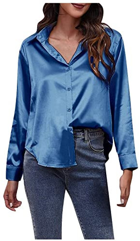 Routefuture Chemisier pour Femme Chic et Élégant - Chemise Femme à Manches Longues en Satin Décontractée avec Col en V Pull Sexy Tee Shirt Top Chemise Rose Femme,Bleu,L