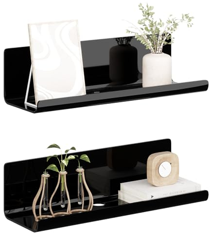 LOFTPLUS Schwarz Wandregal Ohne Bohren 2er Set - Acryl Wand Regal mit Rundes Kabelloch, Schweberegal mit Kabelclips für Küche, Bad, Schlafzimmer, Wohnzimmer, Büro, Spielzimmer (30x10x8cm)