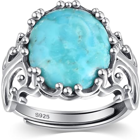 BONLAVIE Ovaler Türkisfarbener Ring, Hohl Muster Zinkeneinstellung Offener Vintage Ring 925 Silber, Verstellbare Ringe für Frauen, Silberring 925 Damen