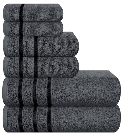 MyOwn Ultra-weiches 6er-Pack Baumwoll-Handtuch-Set, enthält 2 übergroße Badetücher 70 x 140 cm, 2 Handtücher 40 x 60 cm und 2 Waschbetten 30 x 30 cm, Holzkohle Grau