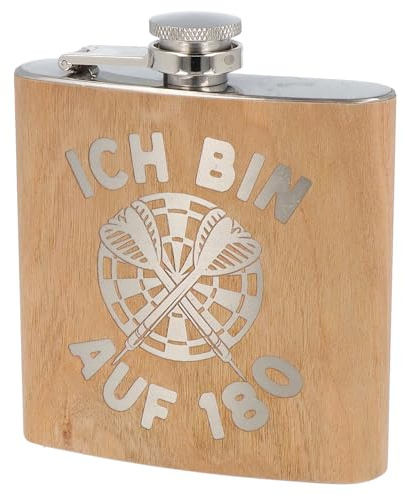 Spruchreif | Flachmann aus Edelstahl mit Gravur | Flachmann aus Holz | Geschenkidee Darts | Outdoor Geschenk | Darts Geschenk | Ich bin auf 180