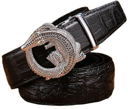 ELdtec 1 x Krokodil-Alligator-Gürtel für Herren, automatische Schnalle, Rindsleder, Designer-Casual-Mode, schwarz/kroko-optik, 115 cm or longer