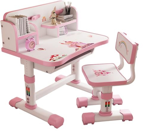 cadciehe Kinder Funktionales Schreibtisch- und Stuhl-Set, höhenverstellbar, Kinder, Schule, Studium, Tischstuhl-Set mit Cartoon-Muster, ergonomischer Schreibtischstuhl mit großer Schreibtafel,
