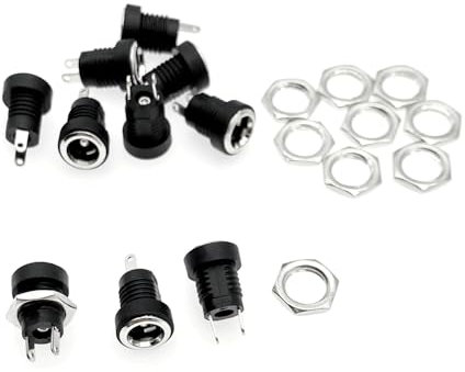 JZK 10 pièces 5.5 mm x 2.1 mm 2 broches prise jack d'alimentation CC, adaptateur de connecteur de montage fileté femelle, prise de prise femelle CC filetée