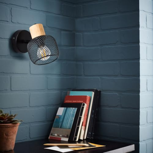 Lightbox Wandleuchte schwarz, Gitter-Schirm, Kiefernholz Leuchte | Schwenkbare Wandlampe innen, E14-Fassung, max. 28 W, rustikaler Look mit Naturmaterialien