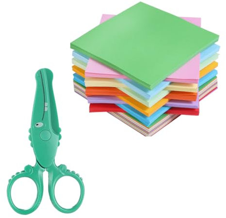 WHYCNJL Set de Ciseaux pour Enfants avec 1 Paire de Ciseaux pour Enfants et 100 Feuilles de Papier Coloré Ciseaux de Sécurité Ciseaux d'apprentissage en Plastique pour Enfants Crocodile