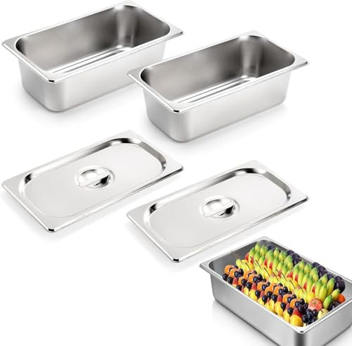 Juego de 2 Recipientes de Acero Inoxidable Con Tapas - 1/3 Aislantes para Alimentos, Tartas, Ollas de Hotel, Ensaladas, 32,5 x 17,5 x 6,5 cm