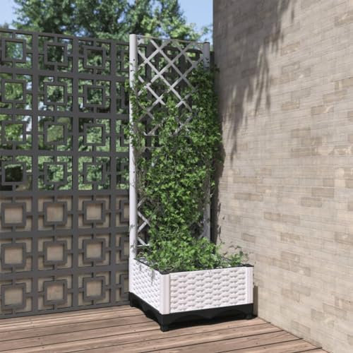 heybb Jardinière avec Treillis Blanc 40x40x121,5 cm PP,Jardiniere sur Pieds,Bac avec Treillis,Jardiniere Terrasse