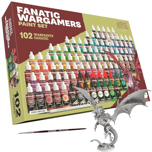 The Army Painter, Warpaints Fanatic Wargamers Set Combo, 102 x 18 ml Peintures Acryliques incl. Métalliques, Lavis, Effets, 2 Pinceaux & 1 Figurine - Ensemble de peinture pour D&D & Warhammer.