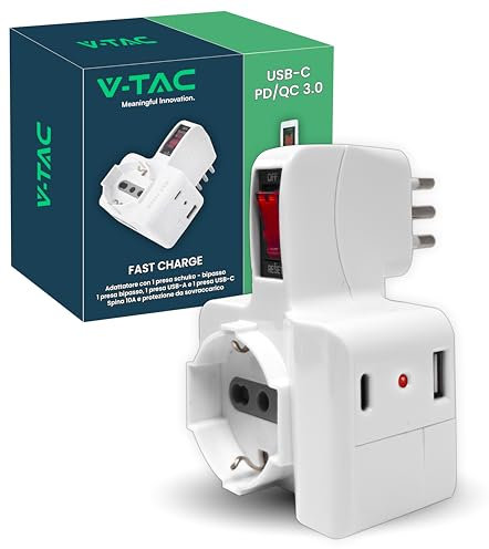 V-TAC Multipresa Elettrica USB C Power Delivery 20W + Porta USB A + 1 Presa Laterale 10/16A Bipasso e 1 Frontale 10/16A Bipasso Schuko - Adatatore Multipresa Type-C per Casa, Ufficio
