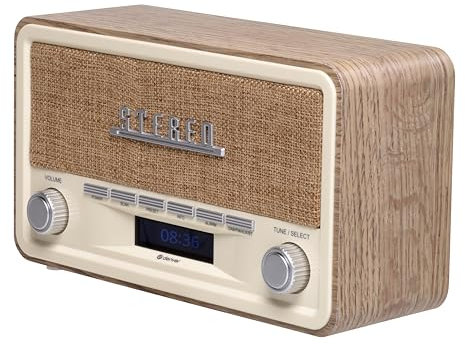 Denver DAB-18 Vintage Style Stereo DAB/DAB+ & FM Radio – Real Wood Cabinet, Bluetooth, Clock Radio Alarm, AUX IN for Smart Phone/Tablet / MP3 Player – Mains or Battery