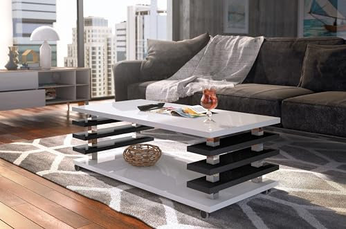 DC-3 Couchtisch Weiß Hochglanz/Schwarz Hochglanz 120x60cm mit Ablage modern stabil vielseitig Wohnzimmertisch Beistelltisch Sofatisch Zeitloses Design platzsparend robust Wohnzimmer mit Rollen