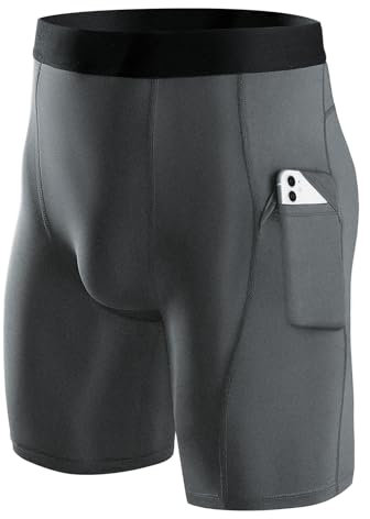 Niksa 1er Pack Herren Kompressionsshorts Schnelltrocknendes Base Layer Tights Sport Unterhosen für Enge trockene und atmungsaktive Radlerhose, Sportshorts mit Handytasche, Grau, XL