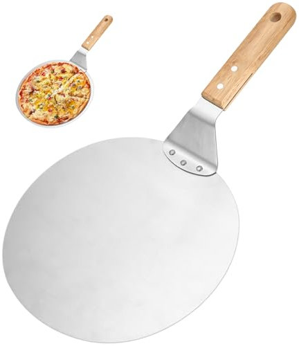 Pelle à Pizza, Pelle Pizza en Acier Inoxydable, 10 Pouce Pelle à Pizza Ronde avec Poignée en Bois et Plateau Métallique en Acier Inoxydable, Spatule Idéal pour Pizza, Pain et Pâtisseries, Argenté