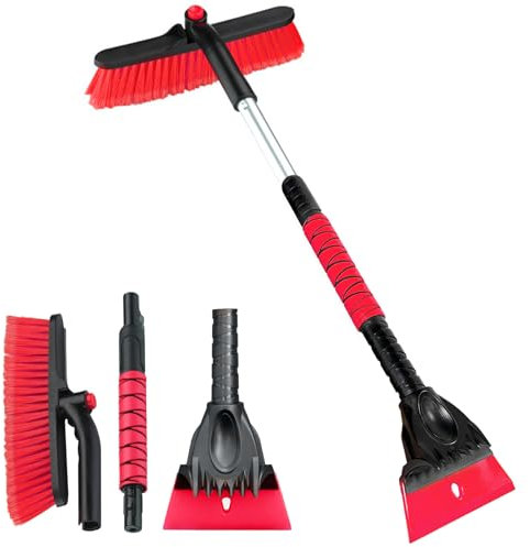 Bseical Eiskratzer Auto mit Besen Schneebesen Reinigungsbürste Auto Winter Teleskop Zubehör Scheibenkratzer mit Schaumstoffgriff 180 ° Drehbarer Bürstenkopf für Auto SUV Windschutzscheibe (Rot)