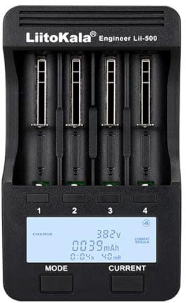 Glaxcidy Cargador de Batería LiitoKala Lii-500 con Pantalla LCD, Salida móvil USB de 5 V, para Baterías de Litio 14550, 18650, 26650 (4.2 V), AA, AAA, Ni-MH (1.48 V), Adaptador de 12 V 2 A, 4 Bahías