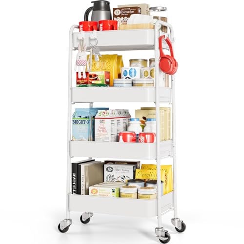 KINGRACK 4 Tier Metal Storage Trolley on Wheels, Beauty Book Craft Tea Art Trolley for Home Bathroom Kitchen Laundry, No screws needed Easy Rolling Utility Cart Mobile Storage Shelving Organizer