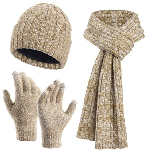 Handschuhe MüTze Set Damen Warme Wintermützen für Damen und Herren, Langer Halstuch, Touchscreen-Handschuhe, Set mit -Strickmützen, Geschenke für Damen und Herren Elegante MüTze (Khaki, One Size)
