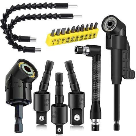 18Pcs Flexible Drill Bit Extension, Include 3Pcs Rotatable Socket Adapter 2Pcs 105° Right Angle Drill Attachment 10 Short Screwdriver Bits 90° Angled Bits and 2 Bendable Extension Tool