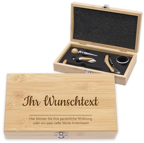 LAUBLUST Weinöffner Set Personalisiert - 5er Weinzubehörset als Sommelier Set | Wunschtext - Wein Zubehör mit Geschenkbox aus Holz | Personalisierte Geschenke für Männer mit Korkenzieher & Thermometer