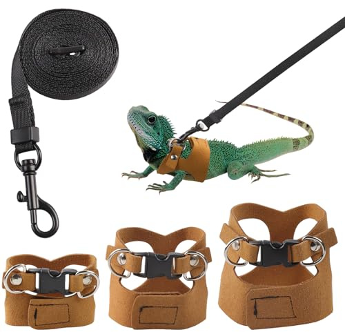 Maxqzin Bartagamengeschirr und Leine, 3er-Pack, Bartagamenleine und Geschirr mit Zugseil, geeignet für Eidechsen und andere kleine Reptilien (S, M, L)