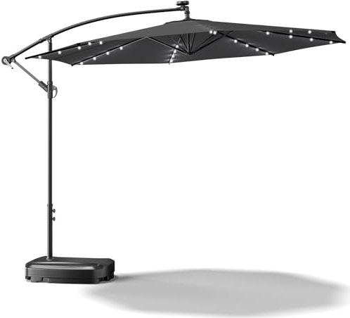 XEMQENER 3M Cantilever Parasol with Solar Powered Lights and 60L Base, Large Outdoor Banana Shade for Party, Camping, Patio, Poolside, UPF 50+, 300x300x260 cm, Dark Grey