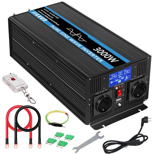 JIGUUN 3000W Wechselrichter Reiner Sinus Spannungswandler 24v 230v Mit 20A-Ladegerät und Netzvorrangschaltung und USV, 2 EU Steckdosen，Kabellose Fernbedienung und LCD-Anzeige