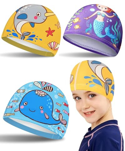 FDCGAS 3 Pcs bonnet piscine,Bonnets de Bain Mignons Enfants Bonnets de Natation de Compétition Dessin Animé Bonnet de Bain en Polyester Élastique Bonnet de Bain pour Garçons Filles de 1 à 11 Ans