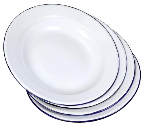 CATIEBYE 4pcs 22cm Retro White Round Enamel Picnic Plates Rim, Shallow Salad and Dessert Bowls, Sturdy Outdoor Camping Dinnerware for Bbq and Travel