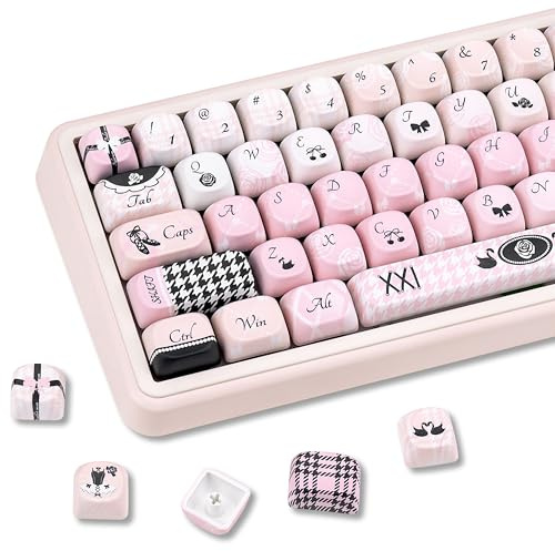 COOMICKEY MOA Profile Cute Keycaps, 134 Keys PBT Keycaps Set, Black Swan Pink Keyboard Caps, Custom Dye Sublimation Key Caps for 61/64/68/84/87/100/104/108 Cherry MX Mechanical Keyboards