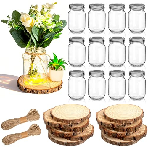 Honeydak 12 Sets Wedding Table Centerpieces 4.8 Inches Glass Mason Jar Vase for Flower Centerpieces 5.5-6.3 Inches Wood Slices Wooden Disc Coasters Winter Xmas Farmhouse Table Decoration