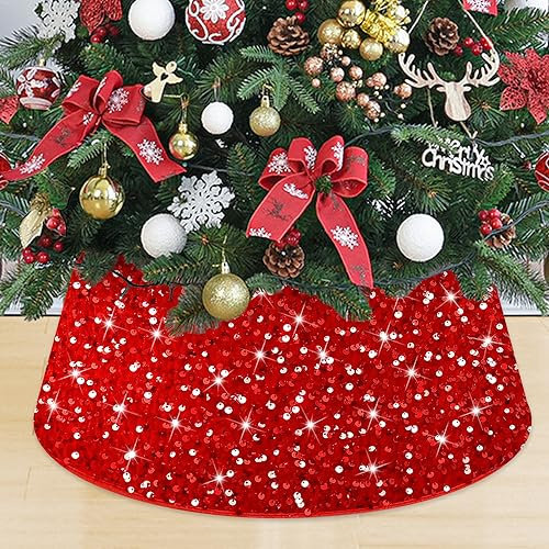 FUHSY Col de sapin de Noël rouge Jupe de sapin de Noël à paillettes 60 cm Jupe d'arbre en velours scintillant Anneau de tronc de sapin de Noël étincelant Couverture de base pour fête de Noël