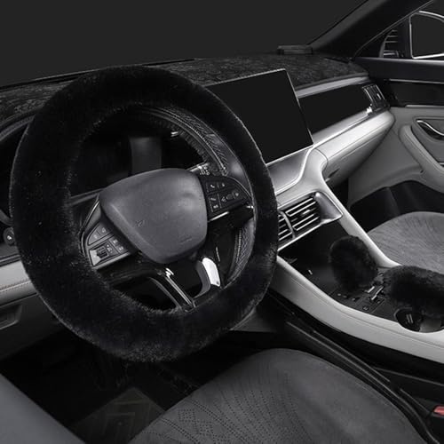 Lenkradbezug Winter,Lenkradbezug Plüsch,Lenkradbezug Warm,Lenkradabdeckung,Lenkradschoner,Universal Lenkradhülle Plüsch,Lenkradschutz+Schaltknauf Abdeckung+Handbremse Abdeckung,Auto Zubehoer (Schwarz)