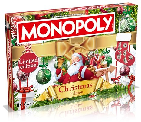 Winning Moves Christmas Monopoly Board Game, Play as Rudolph, Snowman or Santa and trade your way to success, Perfect Christmas decoration by the tree, for ages 8 and up