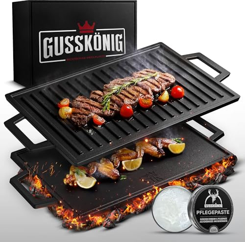 GUSSKÖNIG Gusseisen Grillplatte - 33cm Wendeplatte für Gasgrill, Induktion, Herd & Backofen - Grillplatte Induktion Gusseisen, GussGrillplatte, Cast Iron Grill Plate - inkl. Rezeptbuch & Pflegepaste