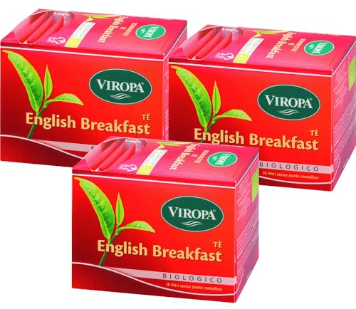 VIROPA English Breakfast Bio Tè Nero, 3 Confezioni da 15 Bustine, Totale 45 Filtri, Miscela Biologica di Tè Ceylon e Assam, Senza Glutine